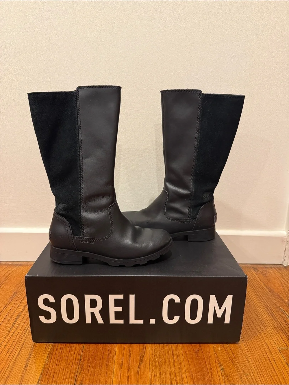 Sorel Emelie Tall Black Leather & Suede Mid-Calf Zip Boots